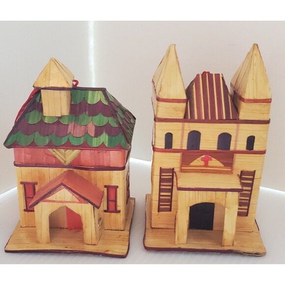 VTG Wheat Straw Balsa Wood Marquetry Victorian House Ornament Box Village Lot - Picture 1 of 9